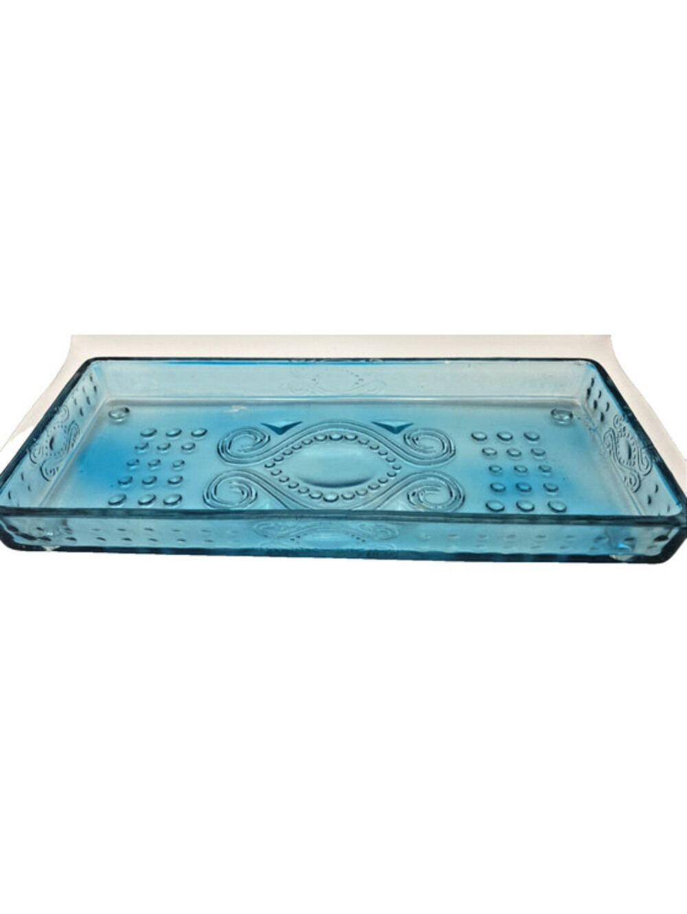 Vintage Footed Aqua Blue Glass Tray Fenton Style Vanity Trinket Dish